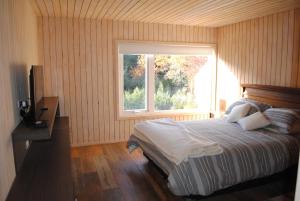 拉斯特朗卡斯Casa Negra Nevados de Chillan的一间卧室设有一张床和一个大窗户