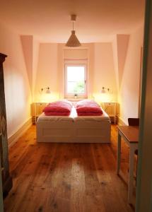 因特拉肯因特拉肯探险旅舍的一间卧室配有一张带两个红色枕头的床和一扇窗户