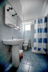 沃洛斯杰森酒店的浴室配有水槽、卫生间和浴帘