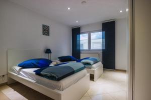 拉尔Hoger Ferienwohung的一间卧室配有两张带蓝色枕头和镜子的床
