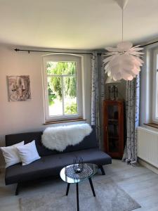 柯尼希施泰因易北Fuchsbau的客厅配有黑色沙发和窗户