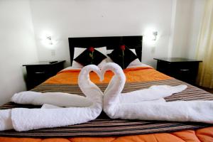 库斯科Hotel Peru Real的两个天鹅在床上心跳