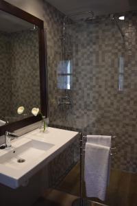 比利亚维西奥萨L'Arbolea de Rodiles的浴室配有盥洗盆和带镜子的淋浴