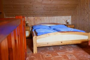 赫拉布斯Apartmány Petronela的一间卧室配有一张带蓝色床单和木墙的床。