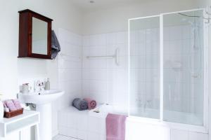 莫尔登Parker Lodge Maldon的带淋浴和盥洗盆的白色浴室