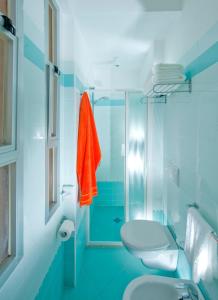 里米尼费利克斯酒店 的蓝色的浴室设有卫生间和淋浴。