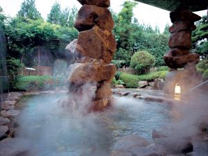 美作汤乡大酒店的一座带岩石的花园中的喷泉