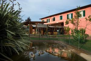 拉蒂纳Il Casale Corte Rossa的一座楼前的池塘,有鸭子