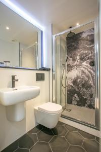 都柏林Grafton Street Studios by City Break Apartments的一间带水槽、卫生间和淋浴的浴室