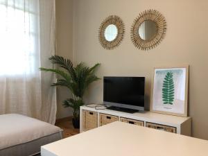 贡多马尔La casa de Perfecta的客厅配有电视和墙上的镜子
