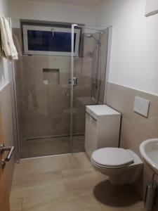 西兰德罗Alpenrose的带淋浴、卫生间和盥洗盆的浴室