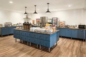 巴克斯特巴克斯特卡尔森套房江山旅馆的厨房配有蓝色橱柜和食品柜台。