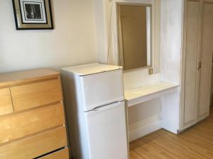 伦敦海德公园客房公寓的厨房配有白色冰箱和镜子