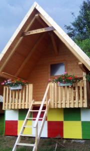 Hrašefarmglamping Planika - Encijan的彩虹彩绘屋顶和楼梯的游戏室