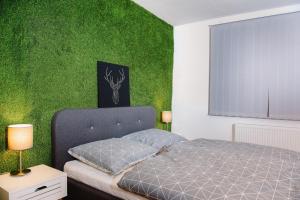 赫维兹Nexus Apartmenthotel的一间卧室设有一张床和绿色的墙壁