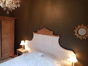 图尔Hotel Particulier Robin Quantin的卧室配有白色的床和吊灯。