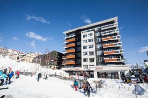 二世古阿尔卑斯山岭酒店的一群人,在建筑物前的雪中