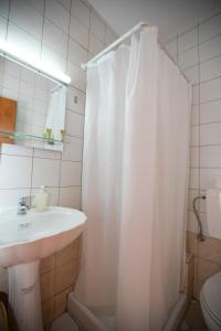 伊西翁SAGA Pension的一间带水槽和淋浴帘的浴室