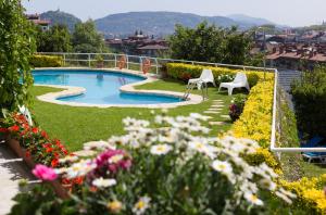 圣塞瓦斯蒂安阿维尼达酒店的花园设有游泳池,游泳池内摆放着椅子和鲜花