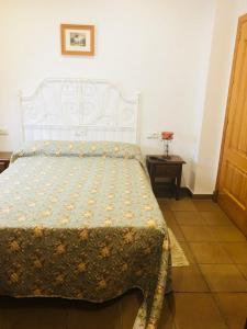 阿尔科斯-德拉弗龙特拉Hotel Restaurante Calderon的一间卧室配有一张床铺,床上有毯子