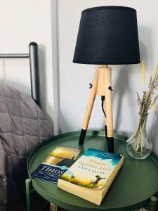 帕诺尔莫斯Elena Studios的桌子上的一盏灯,上面有书和一盏灯
