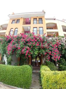 拉夫达马里纳开普度假大厦的前面有粉红色花和灌木的建筑