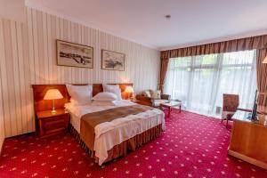 尼普顿Club de Vacanta Mediterraneo的酒店客房配有一张大床和红地毯。
