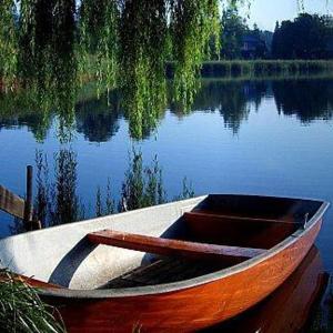 法尔肯塞柏林宾希阿姆希湖畔B&B酒店的木船坐在湖中