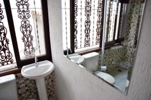 圣保罗Hotel Alvorada do Sol的一间带水槽、卫生间和镜子的浴室