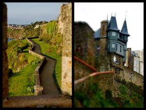 格朗维尔Le Logis du Roc的城堡旁边两幅照片