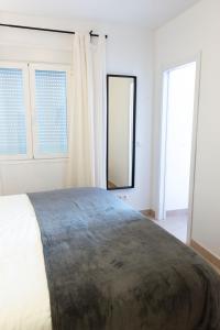 马拉加La Tierra Sur apartment Malaga Center的一间卧室设有一张大床和两个窗户。