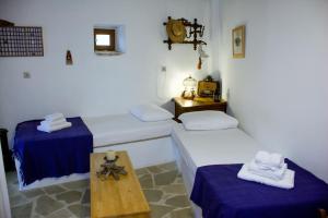 TselendátaNostos Residence - Apartment Terra的一间设有两张床和一张桌子的房间