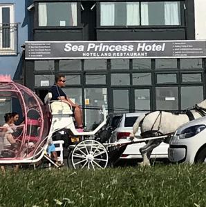 布莱克浦Sea Princess Hotel Blackpool的和男人和孩子一起拉马车的马