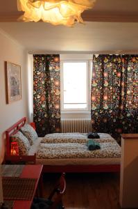 布拉格Panorama Prague Castle的一间卧室设有两张床,窗户配有窗帘