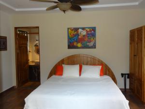 戴维Hotel-Boutique Patampa的一间卧室配有带白色床单和橙色枕头的床。