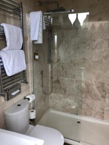 伊尔克利惠特利安斯宾馆的带淋浴、卫生间和盥洗盆的浴室