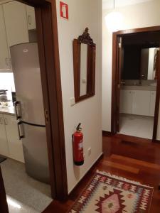 马亚My Home in OPorto的一间带冰箱和壁炉的厨房 墙上的灭火器