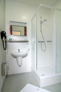 科普日夫尼采奥林匹亚酒店的带淋浴和盥洗盆的白色浴室
