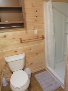 Tamworth奥基道基山林小屋的浴室配有白色卫生间和淋浴。