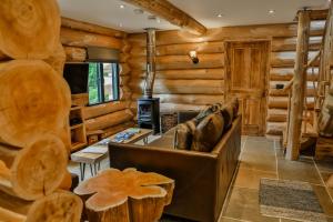 阿维莫尔Cedar Lodge的小木屋客厅配有沙发和炉灶
