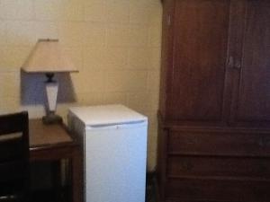 加蒂诺Motel Du Parc Masson的厨房配有白色冰箱和台灯。