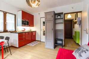 夏蒙尼-勃朗峰Les Sommets Studio的厨房以及带红色橱柜和桌子的客厅。