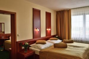 比尔森普利马维拉酒店及会议中心的酒店客房,设有两张床和镜子