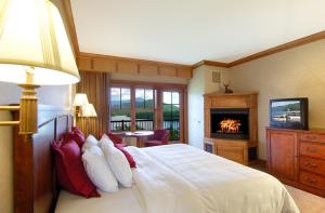 普莱西德湖普莱西德湖皇冠假日酒店的一间卧室配有一张带壁炉和电视的床。