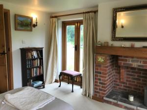DunsfoldHurst Hill的客厅设有砖砌壁炉和镜子