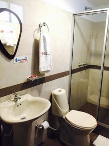 伊皮亚莱斯Hotel San José Ipiales的浴室配有卫生间、盥洗盆和淋浴。