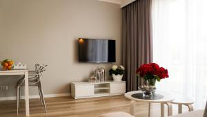 乔左维尔考普尔斯基Apartament Olimp的客厅配有桌子和墙上的电视