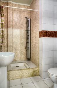 阿拉木图萨多瓦娅酒店的带淋浴、水槽和卫生间的浴室