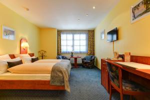 汉堡Hotel Elbinsel的配有一张床和一张书桌的酒店客房