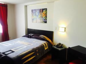 伊皮亚莱斯Hotel San José Ipiales的卧室配有一张床,墙上挂有绘画作品